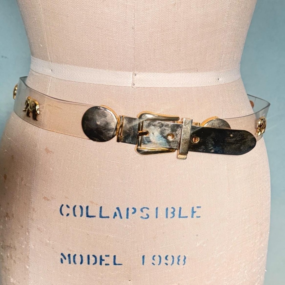 Vintage Clear Vinyl Belt with Gold Elephant Studs Transparent PVC Waist Belt